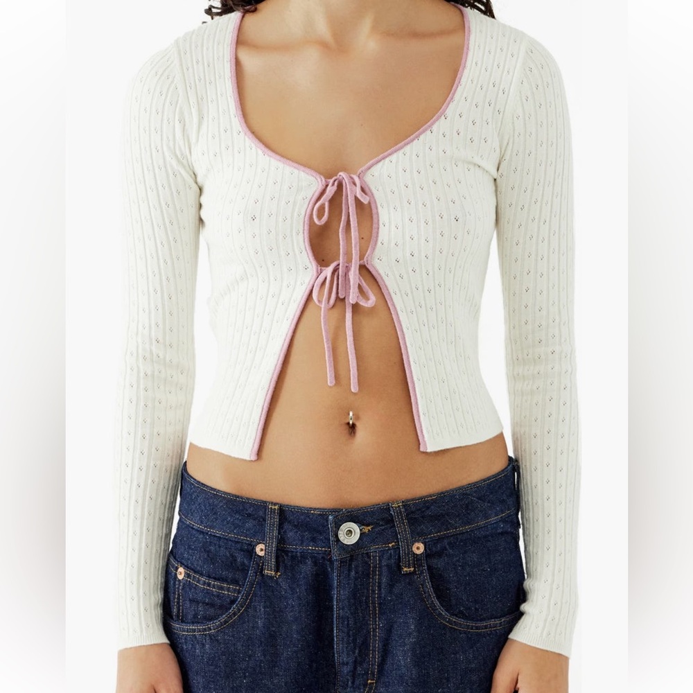 Urban Outfitters BDG Cream Pointelle Tie Front Cottagecore Cardigan Sweater